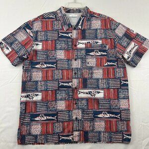 Columbia PFG Mens Vented Button Up Shirt S/S Fish Pattern Size L Red and Blue